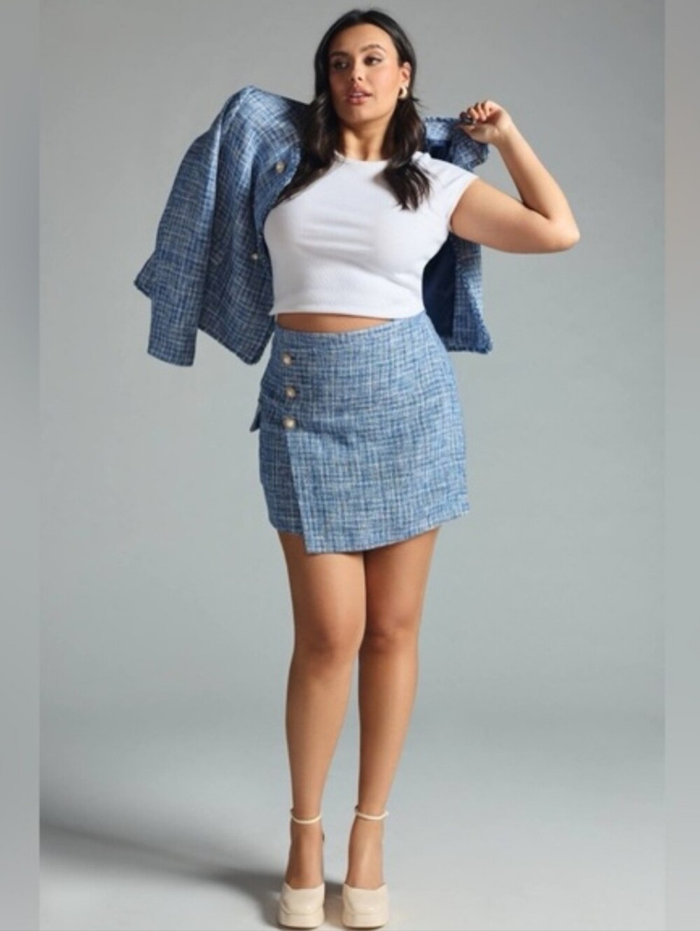 Anthropologie Maeve Blue Tweed Button-Accent Mini Skirt